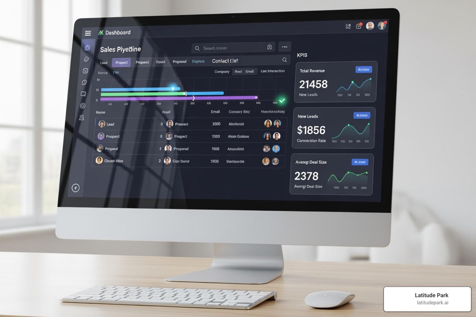 clean and modern CRM dashboard showing sales pipeline, contact list, and key performance indicators - crm