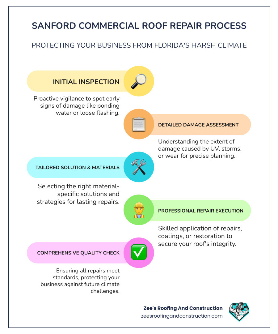 Infographic showing the commercial roof repair process from initial inspection through damage assessment, material selection, repair implementation, and final quality check, with specific focus on Sanford Florida's climate considerations including hurricane preparedness and UV protection measures - commercial roof repair sanford infographic infographic-line-5-steps-colors