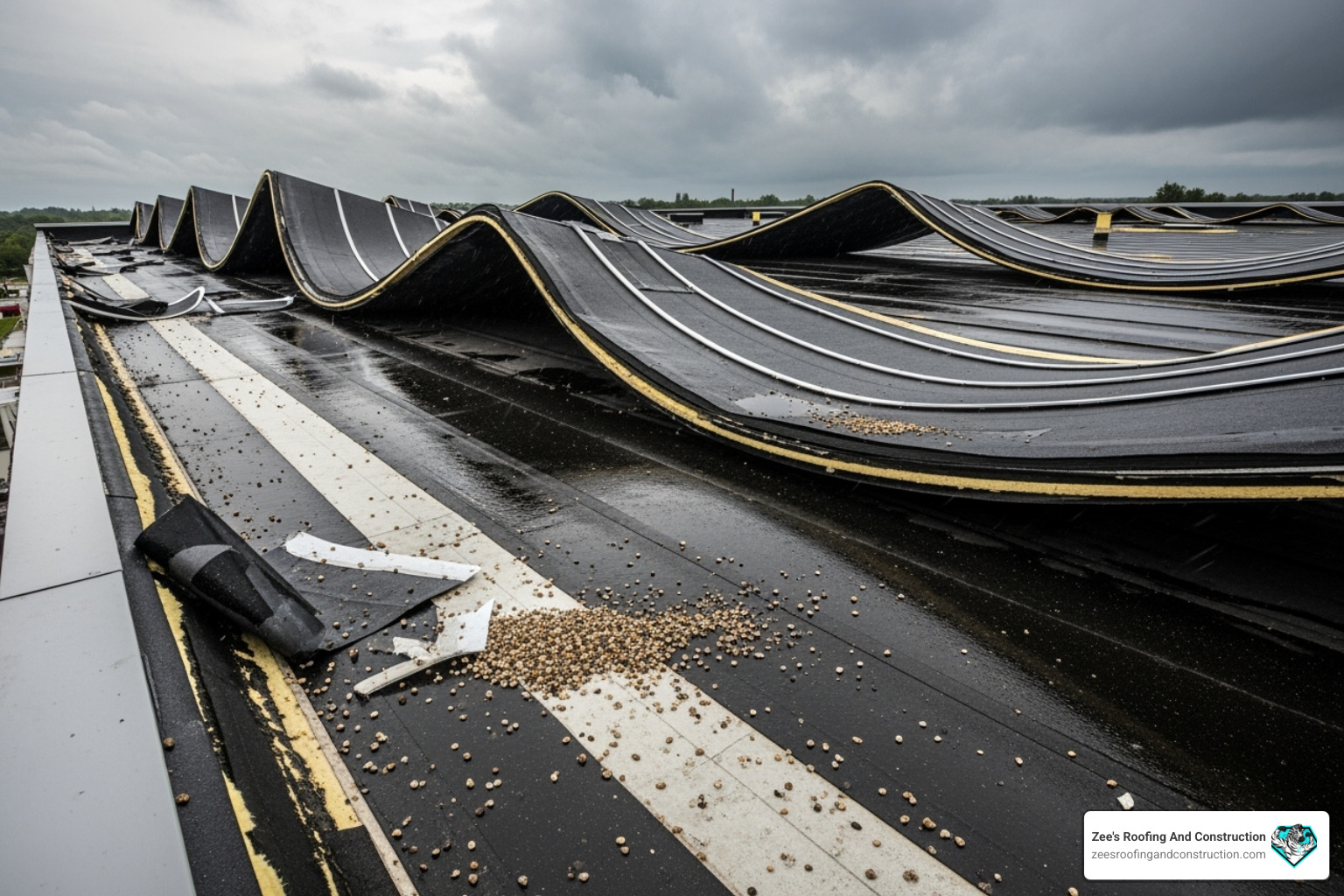 wind-damaged commercial roof with lifted panels - commercial roof repair sanford