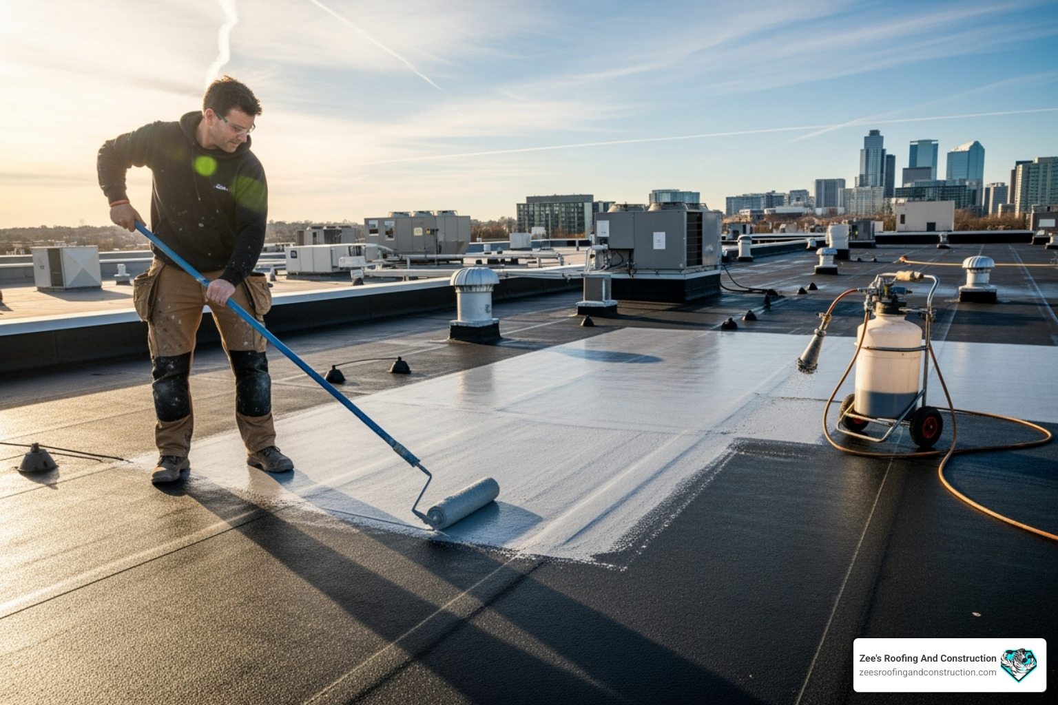roofing professional applying a roof coating - commercial roof repair sanford