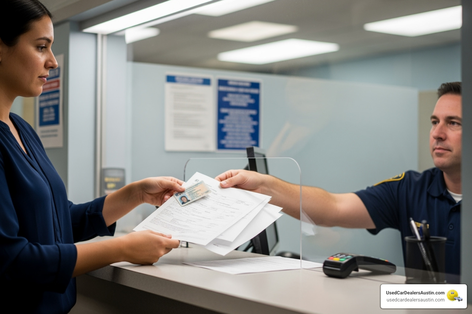 person at a DMV-style counter submitting paperwork - texas transfer title application