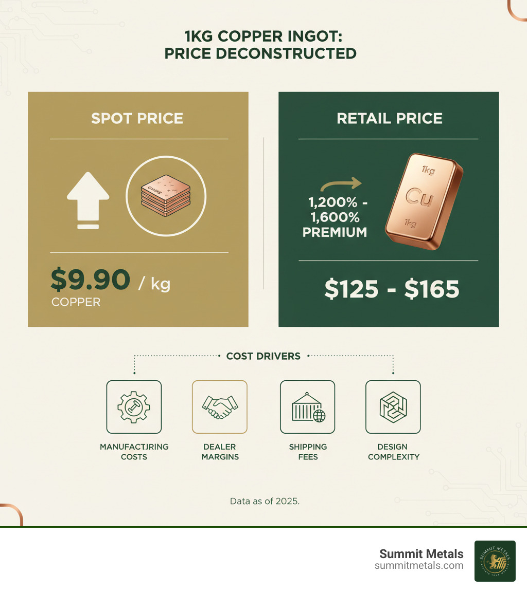 Infographic showing copper spot price of $9.90 per kg versus typical retail 1kg copper ingot prices of $125-165, illustrating the 1,200-1,600% premium breakdown including manufacturing costs, dealer margins, shipping fees, and design complexity that drives the final consumer price - 1kg copper ingot price infographic 