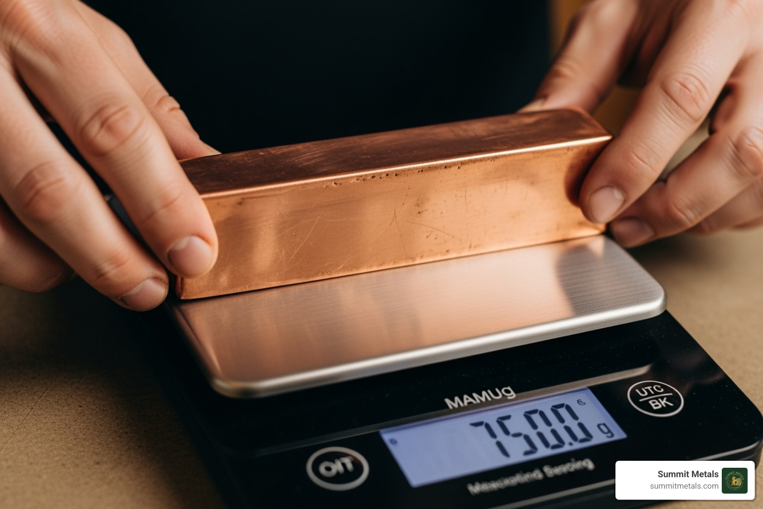 Person weighing a copper bar on a digital scale, symbolizing the assessment of its value - 1kg copper ingot price