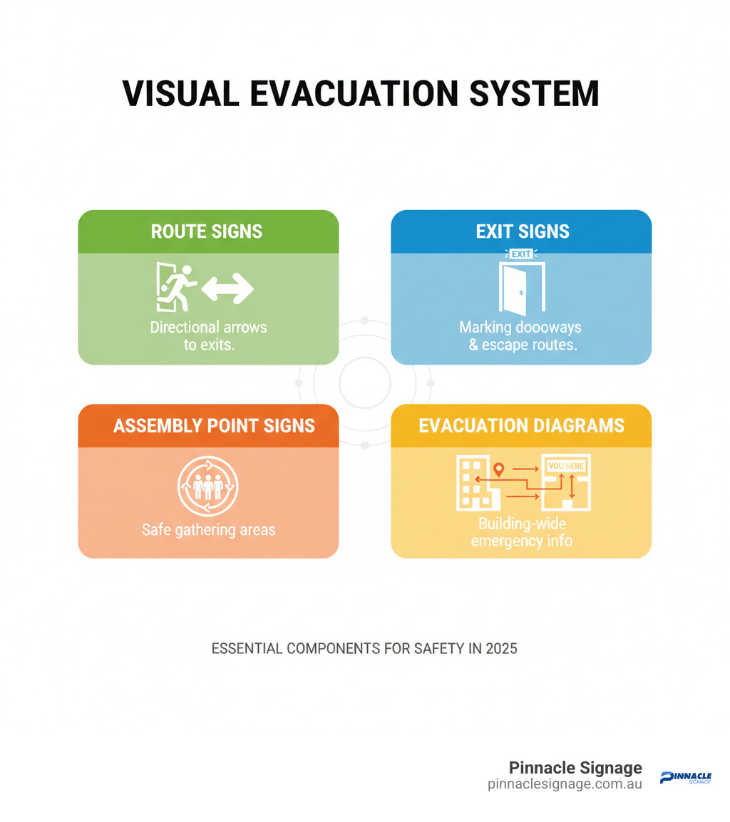 Infographic detailing the four essential components of a Visual Evacuation System: Evacuation Route Signs, Exit Signs, Assembly Points, and Evacuation Diagrams. Infographic detailing the four essential components of a Visual Evacuation System: Evacuation Route Signs, Exit Signs, Assembly Points, and Evacuation Diagrams.
