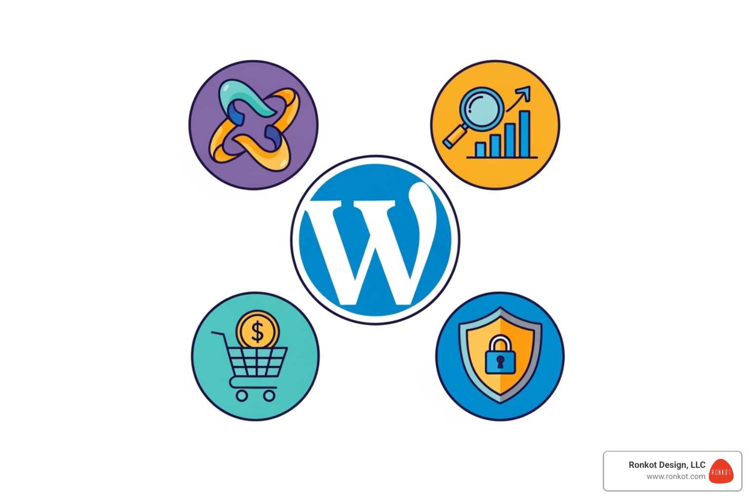 WordPress logo with icons for flexibility, SEO, e-commerce, security - dallas wordpress designer WordPress logo with icons for flexibility, SEO, e-commerce, security - dallas wordpress designer