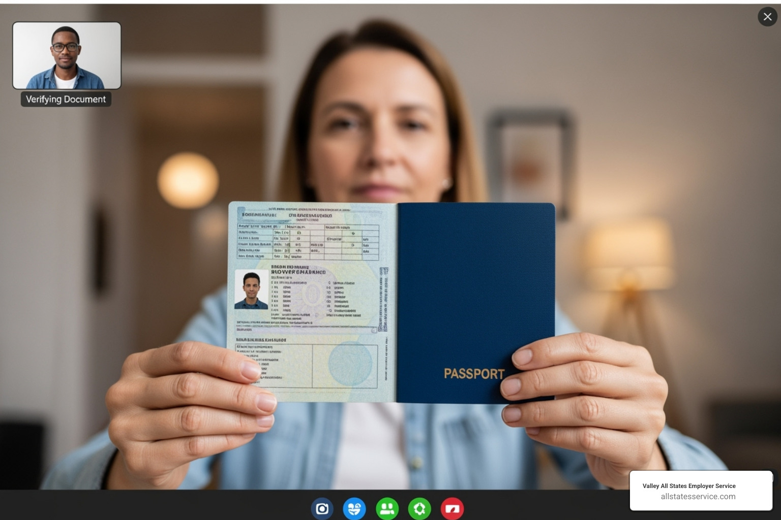 Person on a video call holding up their passport to the camera - I-9 training for employers Person on a video call holding up their passport to the camera - I-9 training for employers