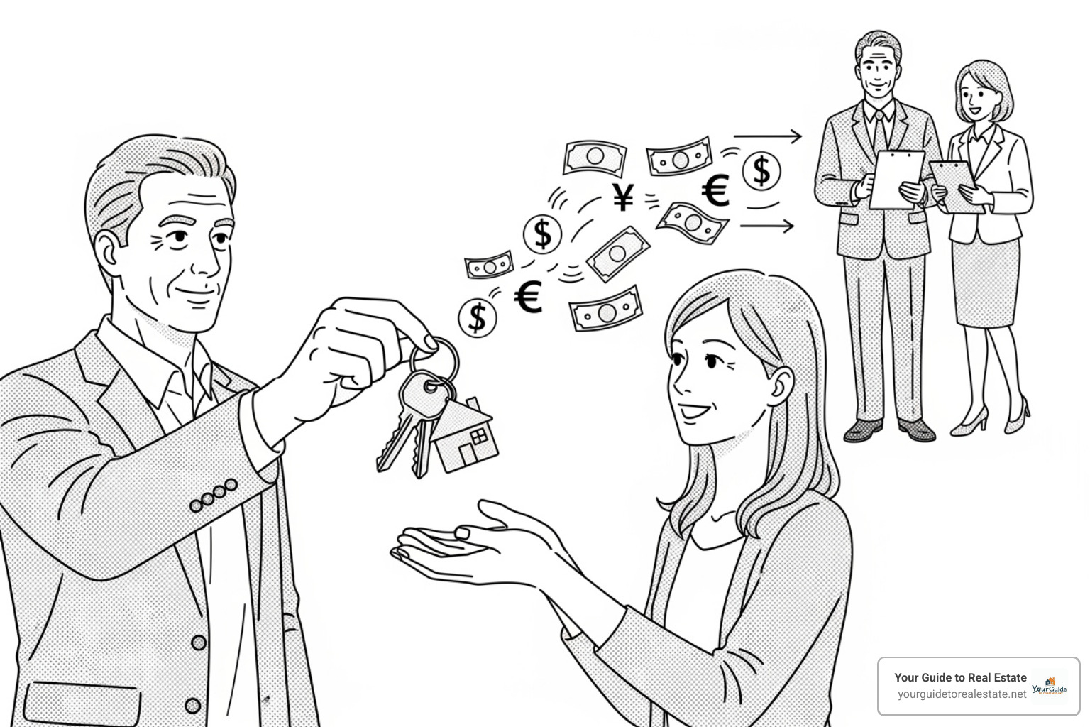 Illustration showing a seller handing house keys to a buyer, with an arrow depicting money flowing from the sale proceeds towards real estate agents. - who pays realtor fees