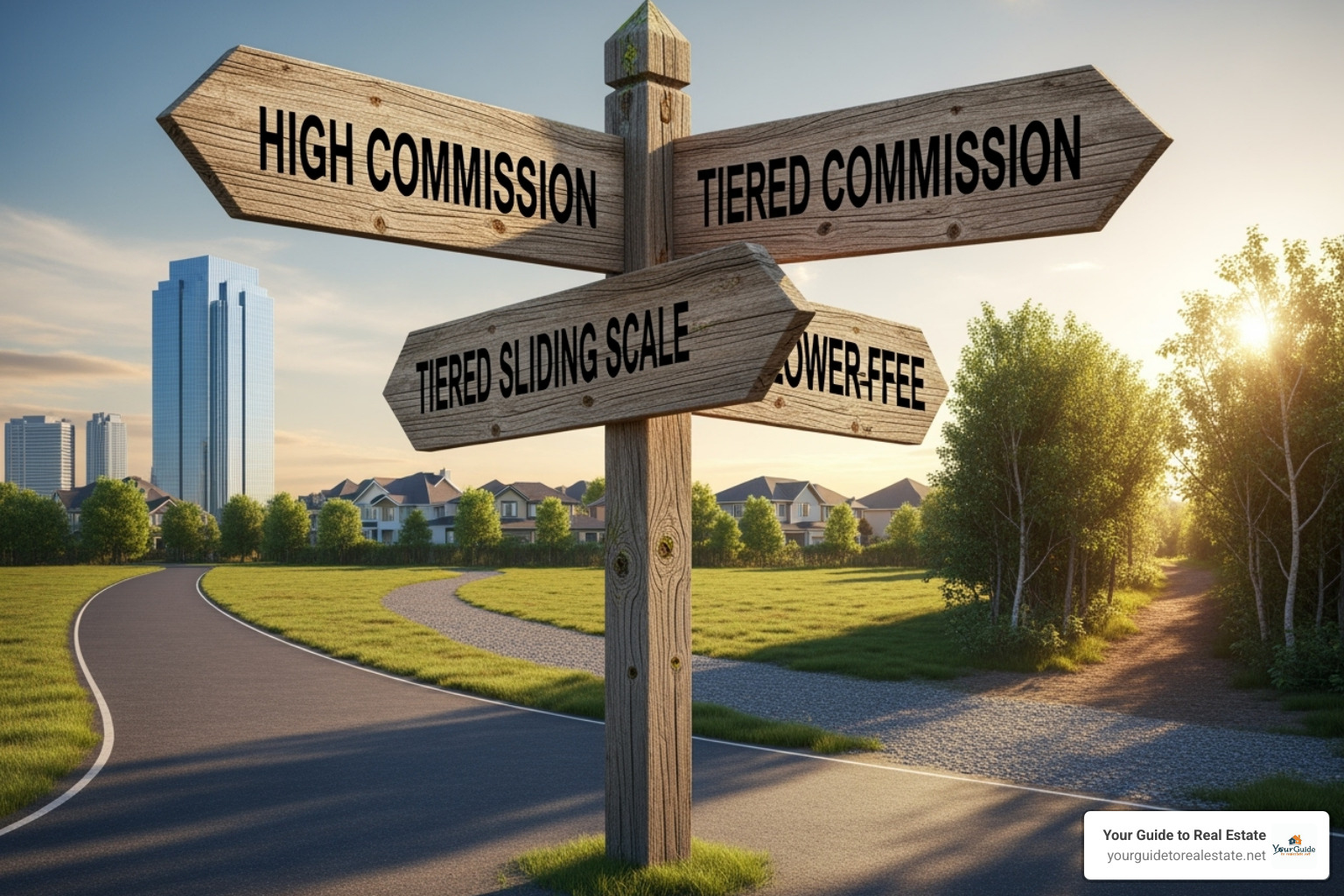 Crossroads sign pointing to "Traditional Commission," "Custom Fee Arrangements," and "Service Packages." - who pays realtor fees