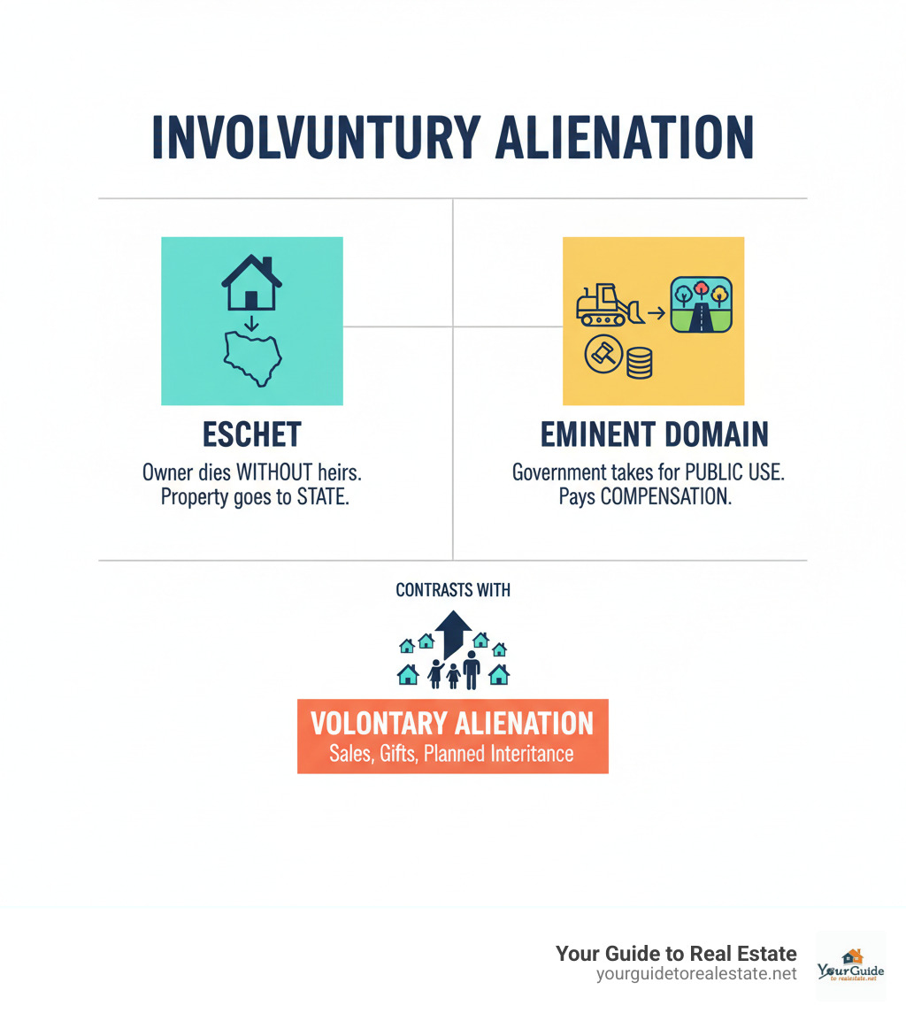 Infographic showing involuntary alienation with two main branches: Escheat (property owner dies without heirs, property goes to state) and Eminent Domain (government takes property for public use, pays compensation). Below shows this contrasts with Voluntary Alienation including sales, gifts, and planned inheritance - escheat and eminent domain are both examples of infographic 