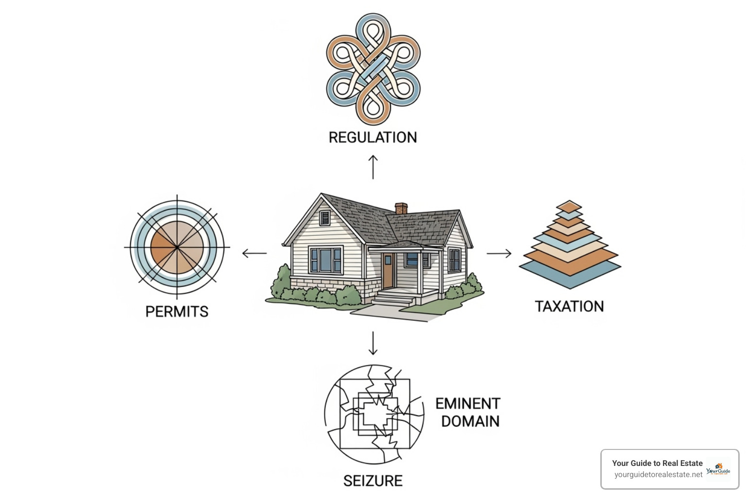 Diagram illustrating the four government powers (PETE) affecting property ownership - escheat and eminent domain are both examples of