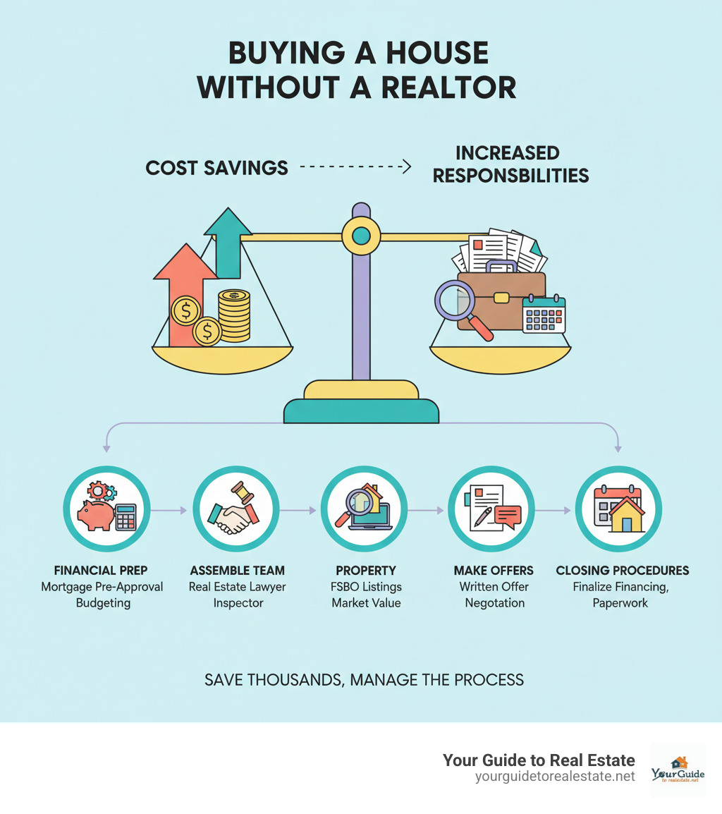 Step-by-step process showing the key responsibilities when buying a house without a realtor, including financial preparation, assembling a professional team, property research, making offers, and closing procedures, with emphasis on cost savings versus increased buyer responsibilities - how to buy a house without a realtor infographic 
