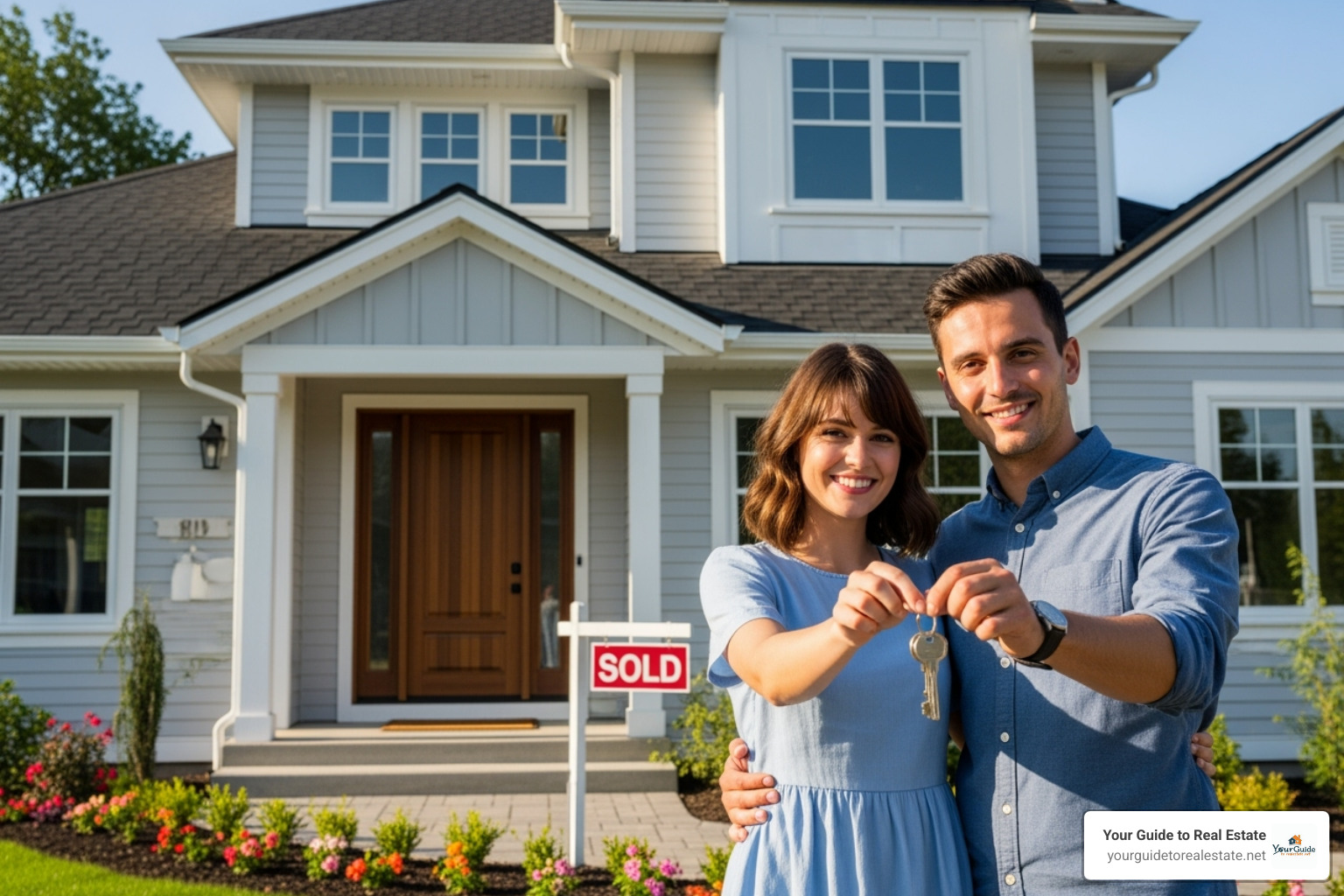 A happy couple holding keys in front of their new home - how to buy a house without a realtor