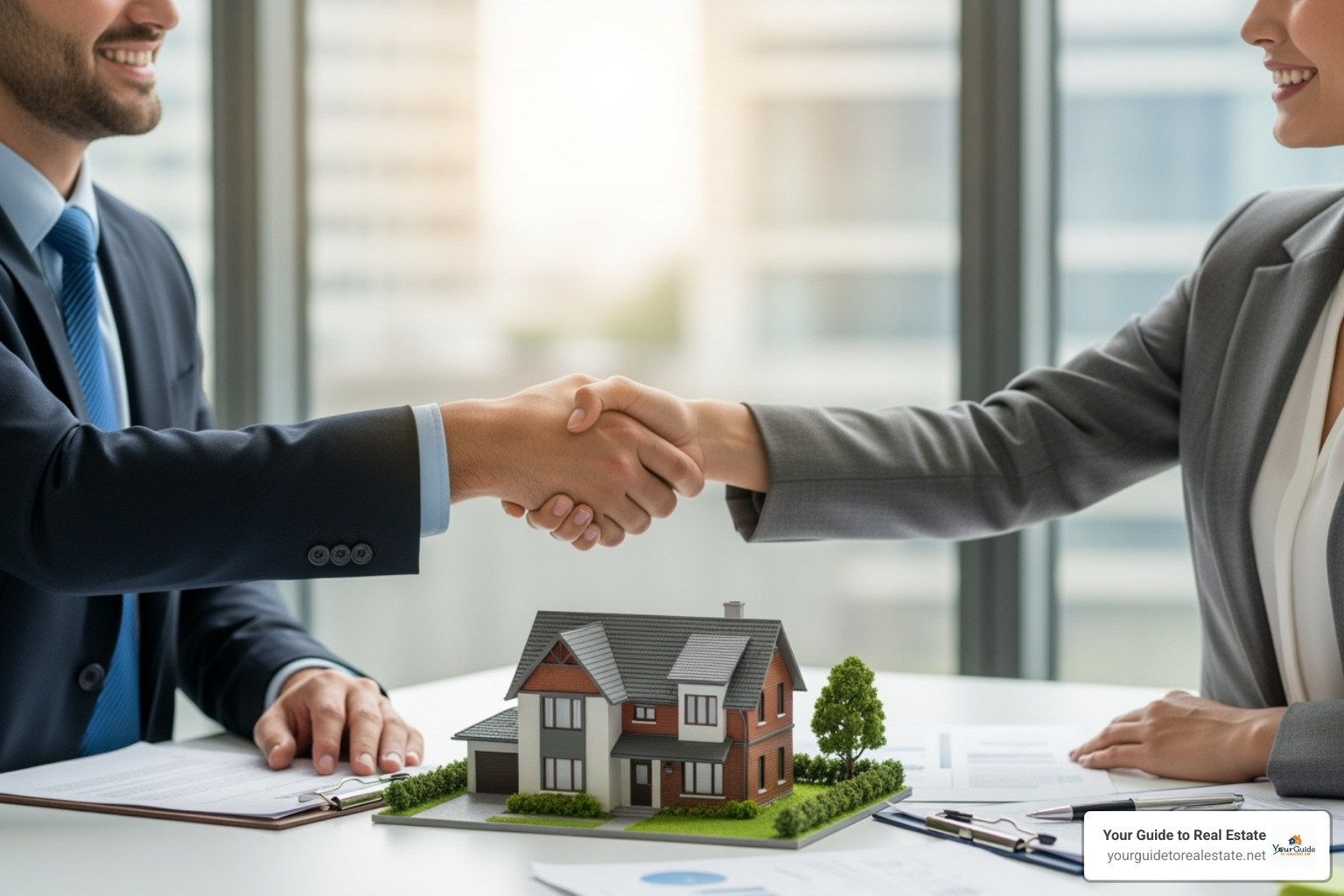 Two people shaking hands over a house model, representing a direct deal - how to buy a house without a realtor