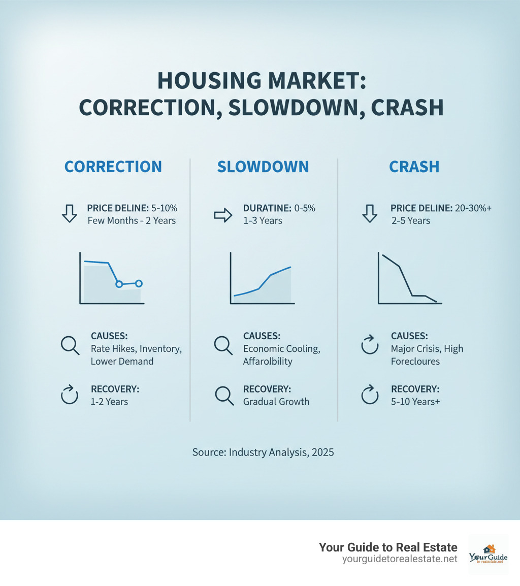 Infographic showing the key differences between housing market correction, slowdown, and crash including price decline percentages, duration, causes, and recovery timeframes - housing market correction infographic 