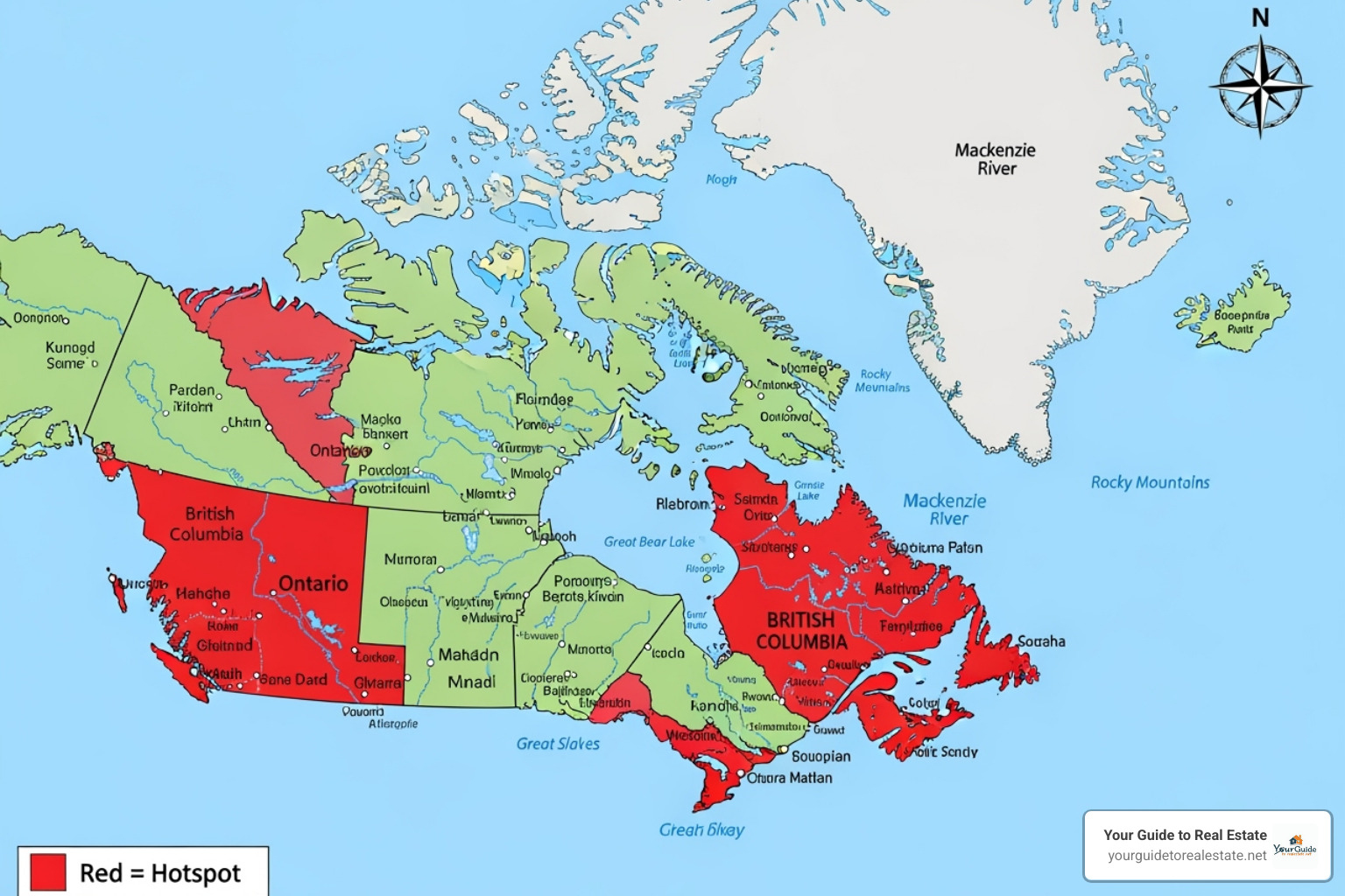 Map of Canada highlighting Ontario and British Columbia as correction hotspots - housing market correction