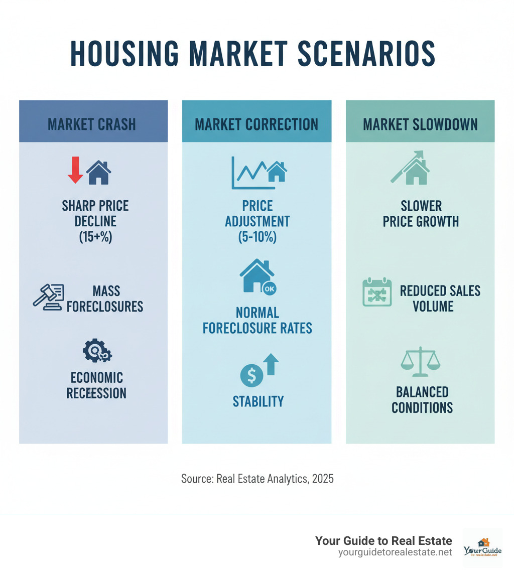 Infographic showing the key differences between a housing market crash (sharp price decline over 15%, mass foreclosures, economic recession), market correction (5-10% price adjustment, normal foreclosure rates, economic stability), and market slowdown (slower price growth, reduced sales volume, balanced conditions) - housing market crash infographic 