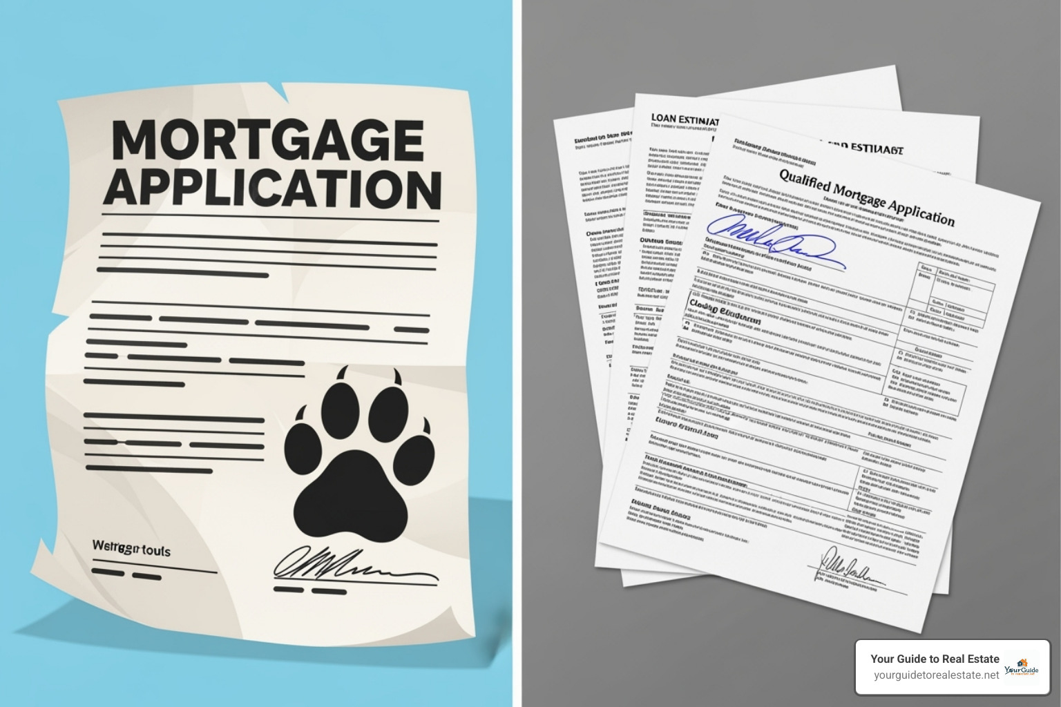 A split image: On the left, a cartoonish, exaggerated "risky subprime mortgage application" with a dog's paw print for a signature. On the right, a professional, detailed "modern qualified mortgage application" with multiple documents and a serious human signature. - housing market crash