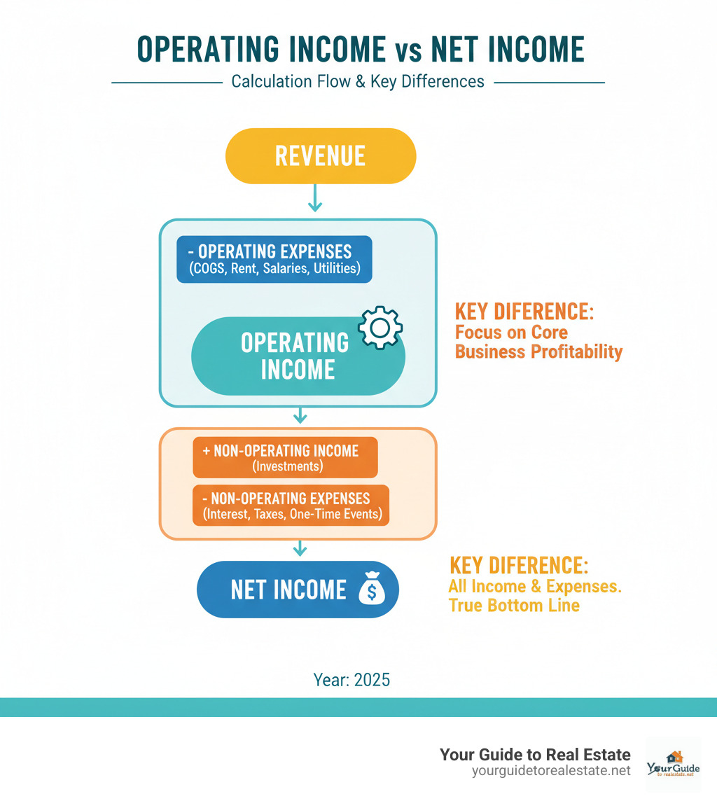 Detailed comparison infographic showing the calculation flow from Revenue to Operating Income to Net Income, highlighting what expenses are included at each step and the key differences between the two metrics - operating income vs net income infographic 