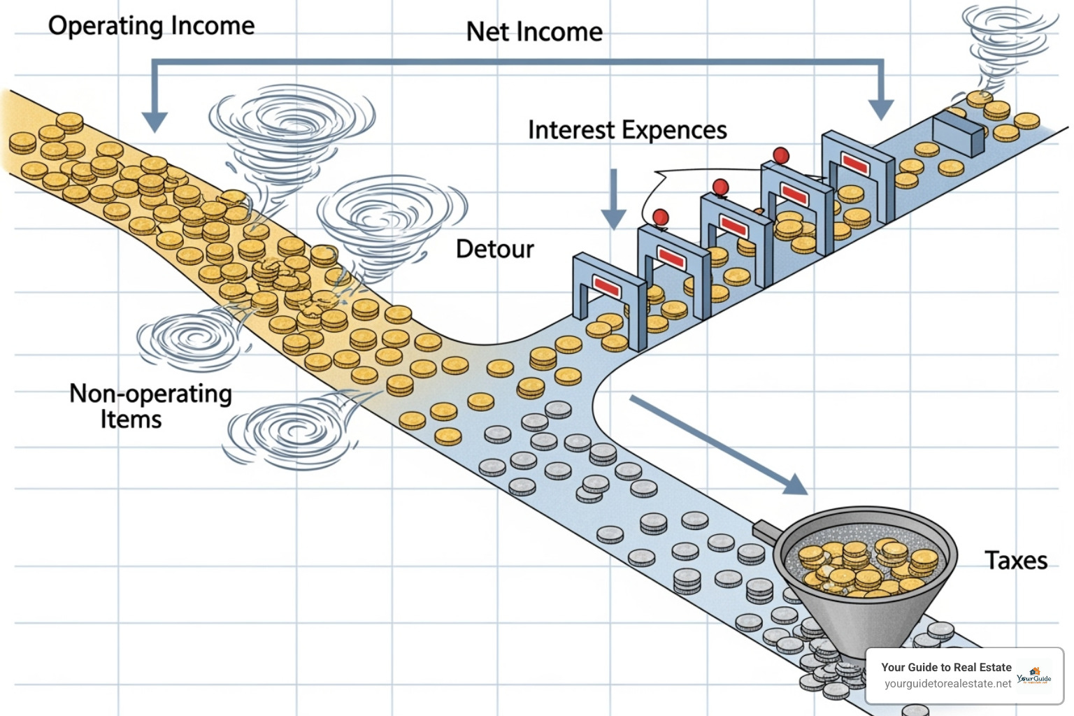 Illustration of the net income formula including operating income, non-operating items, interest, and taxes - operating income vs net income