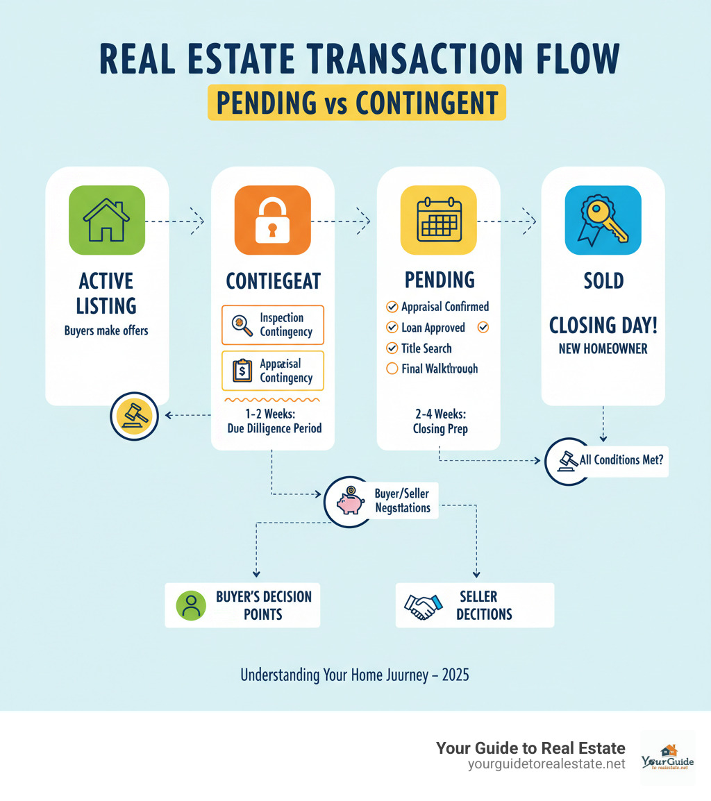 Detailed infographic showing the real estate transaction flow from Active listing to Contingent status with various contingency types, then to Pending status with closing preparations, and finally to Sold status, including timeline indicators and key decision points for buyers and sellers - pending vs contingent infographic 
