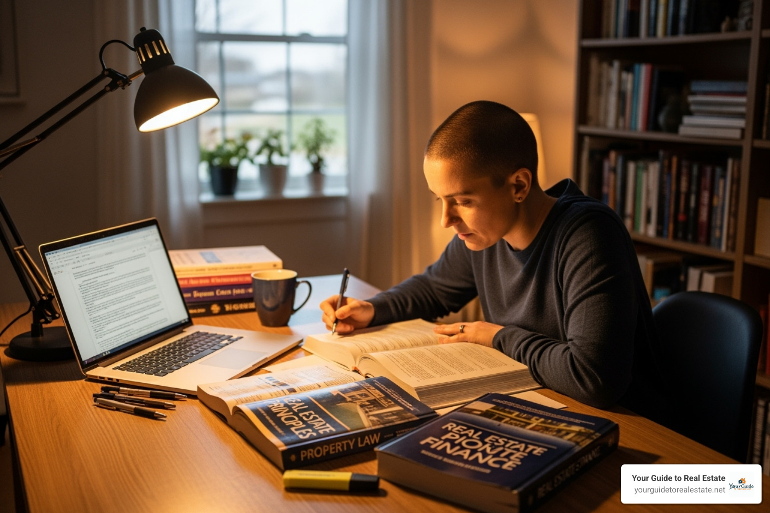 A person studying at a desk with real estate textbooks and a laptop, looking focused. - real estate broker license