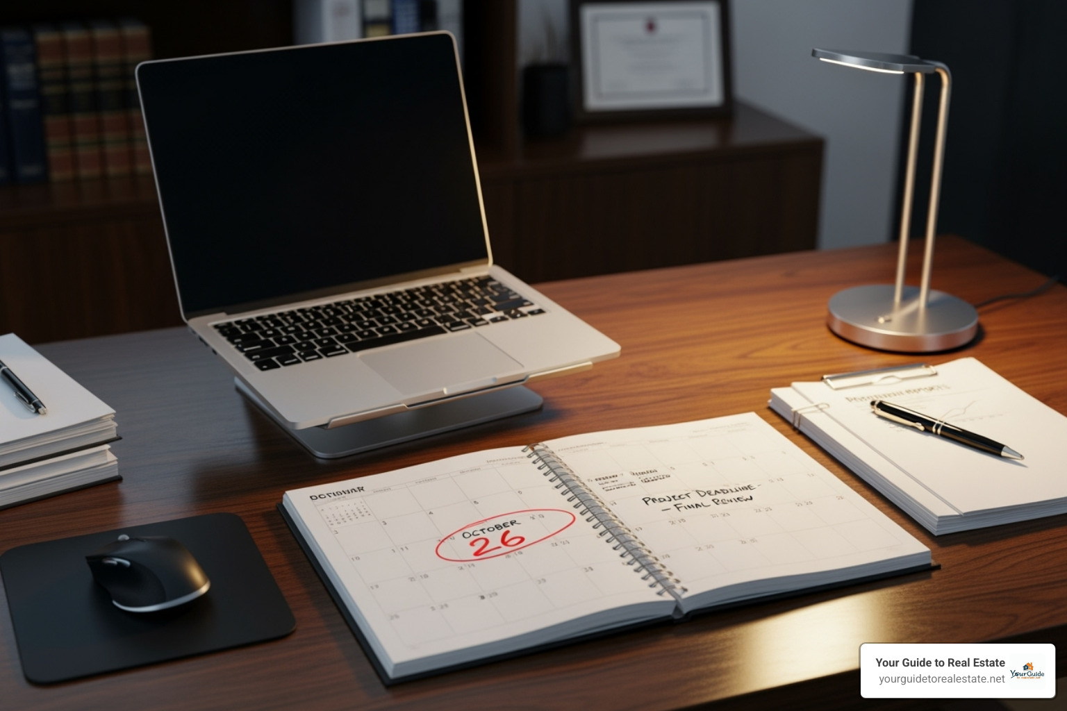 A professional's desk calendar with a "License Renewal Due" reminder highlighted. - real estate broker license