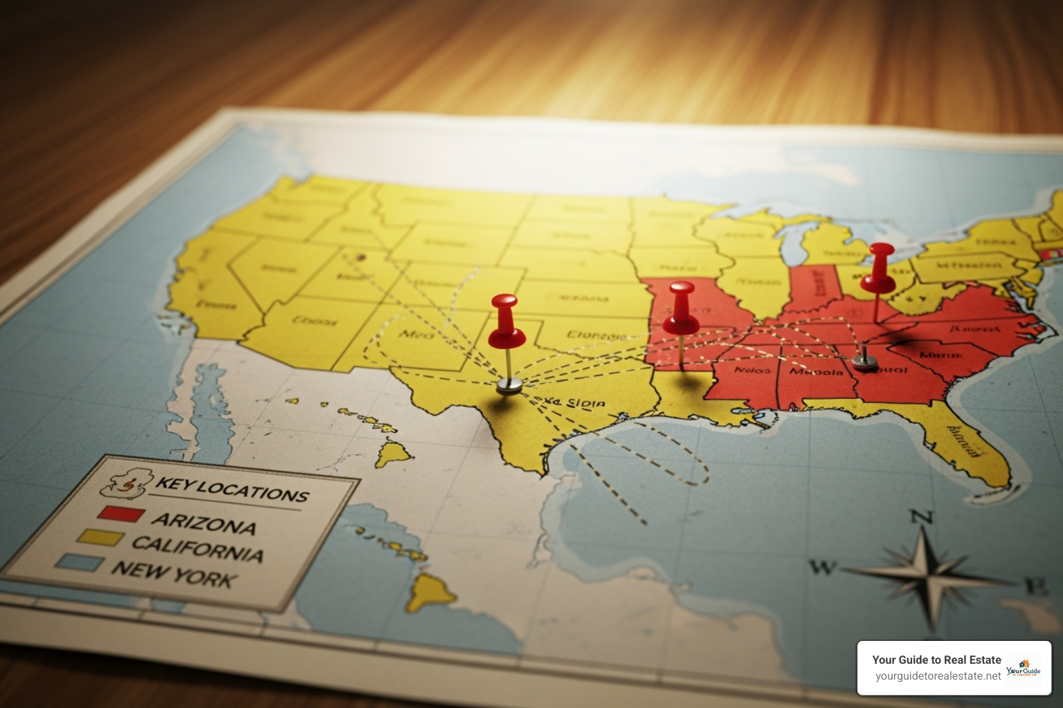 A map of the United States with pins on Arizona, California, and New York, highlighting these states. - real estate broker license