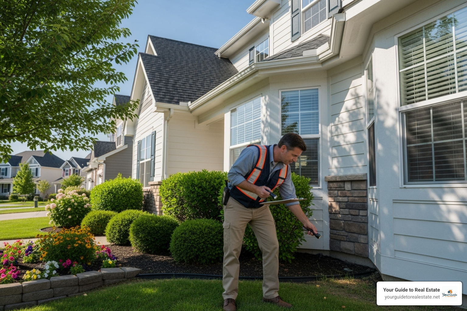 A home inspector examining a property's exterior - what does pending mean in real estate