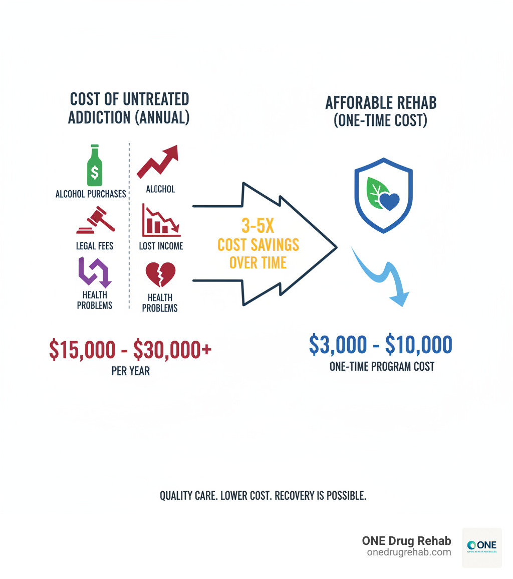 Infographic comparing annual cost of untreated addiction including alcohol purchases, legal fees, lost income, and health problems versus one-time cost of affordable rehab programs showing 3-5x cost savings over time - Affordable treatment centers infographic 