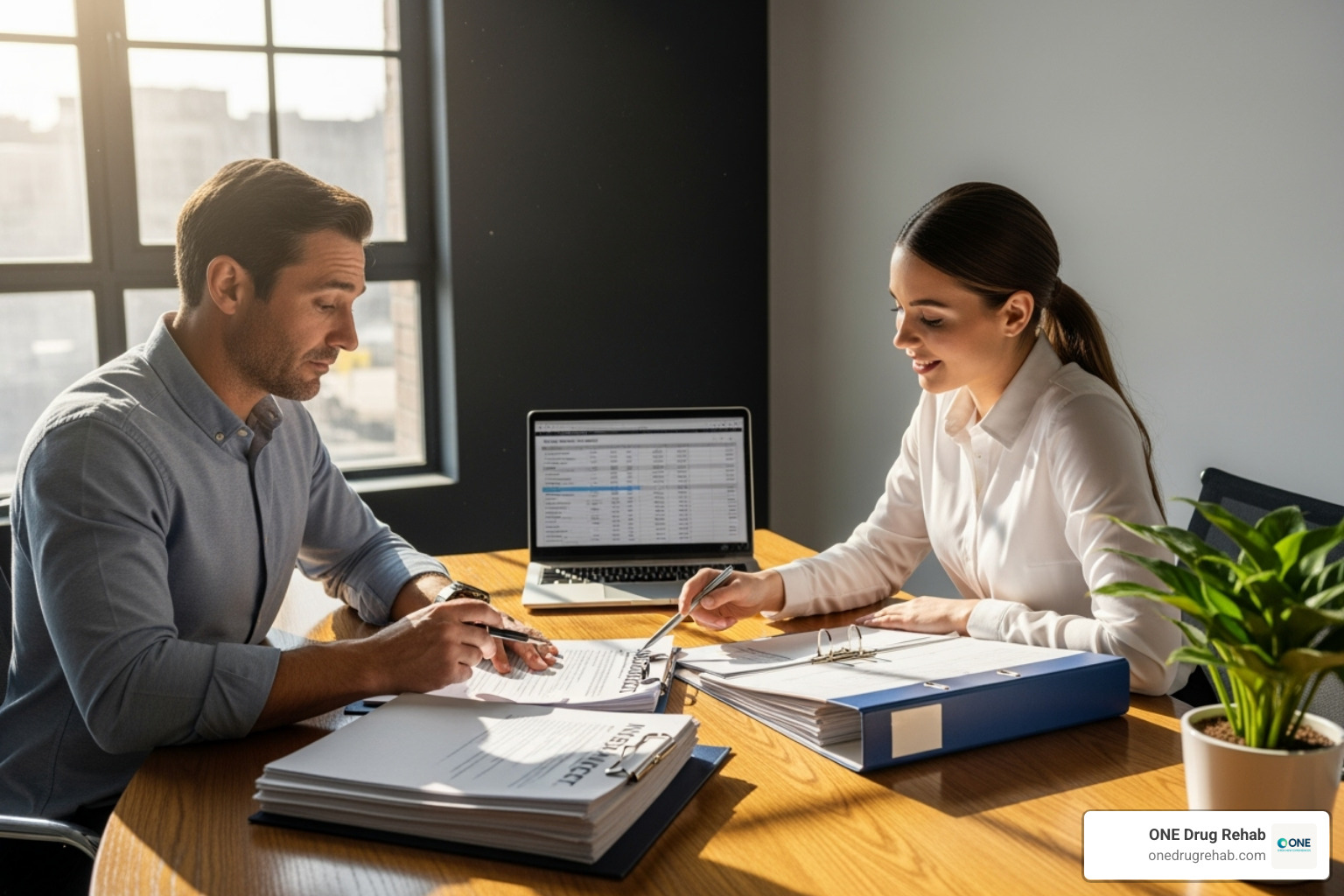 A person reviewing insurance documents with a financial advisor - Affordable treatment centers