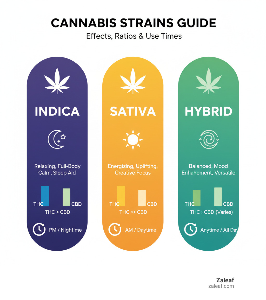 Comprehensive guide showing the differences between Indica, Sativa, and Hybrid cannabis strains with their typical effects, THC/CBD ratios, and recommended use times - cannabis flower online infographic 