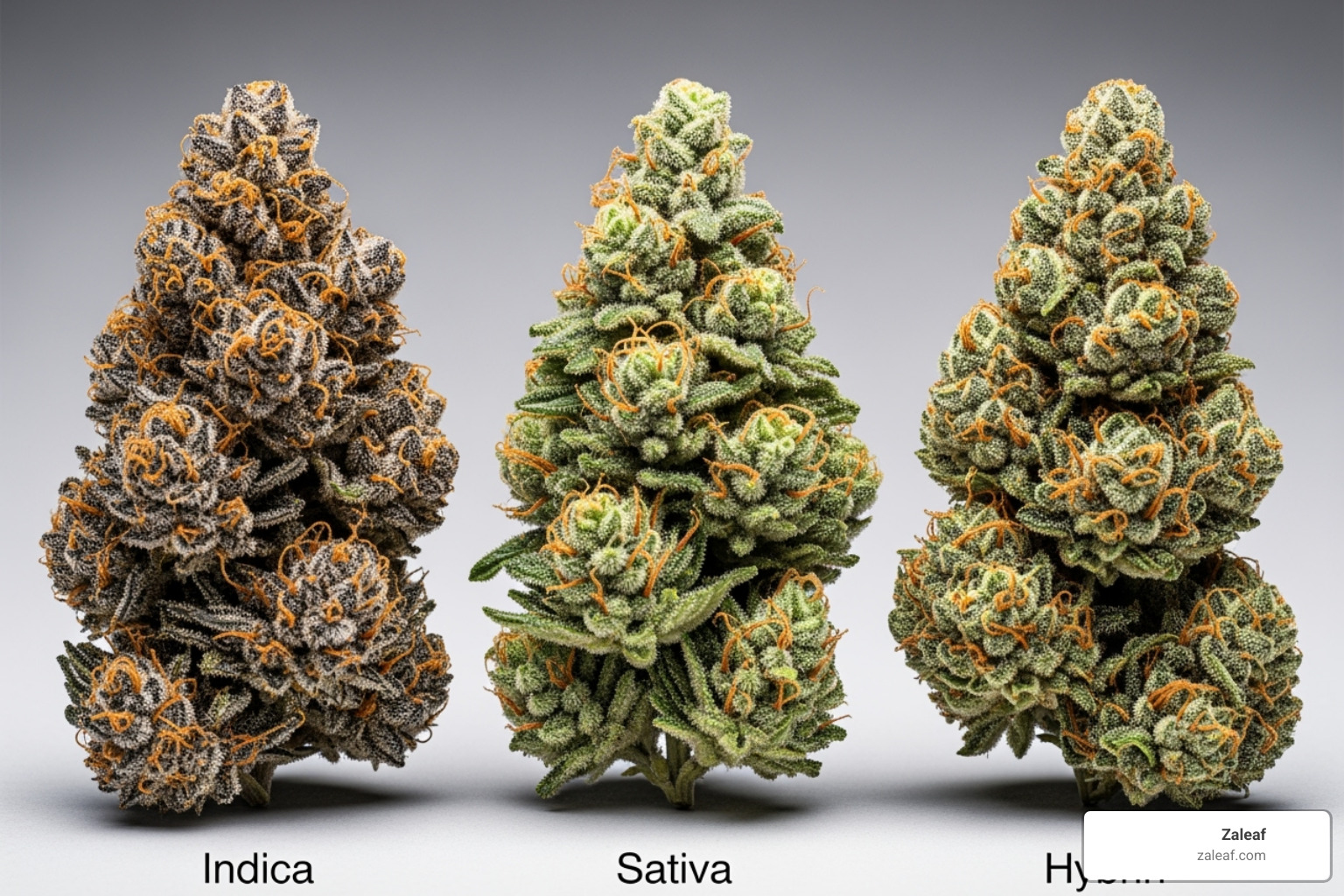 three distinct cannabis buds clearly labeled as Indica, Sativa, and Hybrid - cannabis flower online