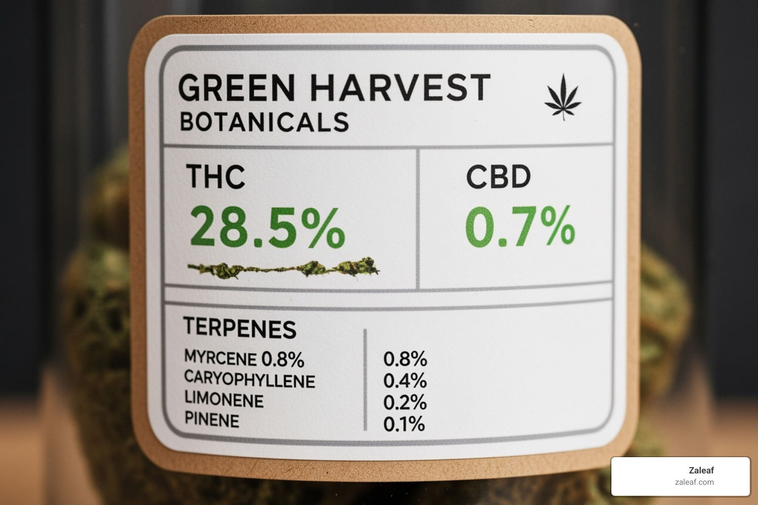 Zaleaf cannabis product label highlighting THC, CBD, and terpene percentages - cannabis flower online