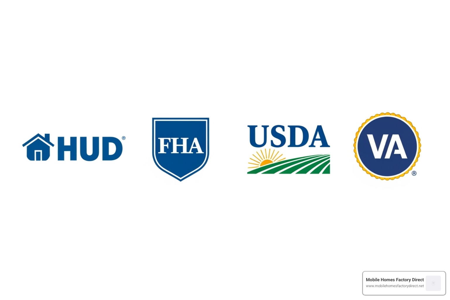 logos for HUD, FHA, USDA, and VA - government loans for manufactured homes