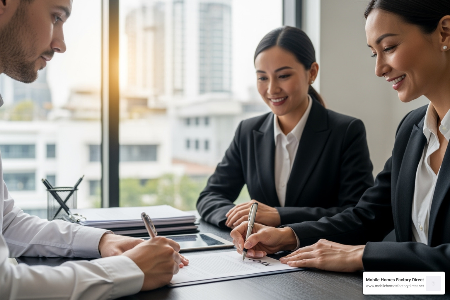 person signing loan documents with a smiling lender - government loans for manufactured homes