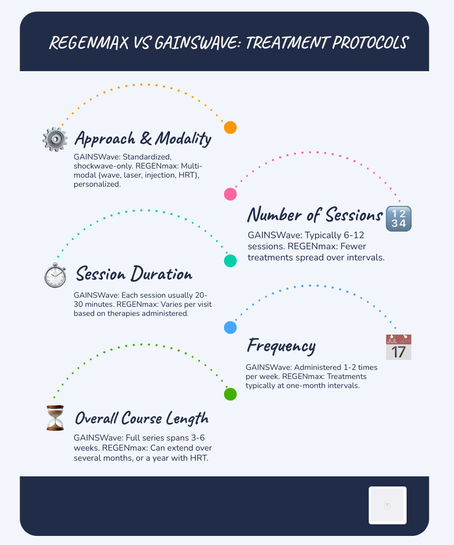 Comparison table of REGENmax and GAINSWave treatment protocols - regenmax vs gainswave comparison infographic infographic-line-5-steps-blues-accent_colors
