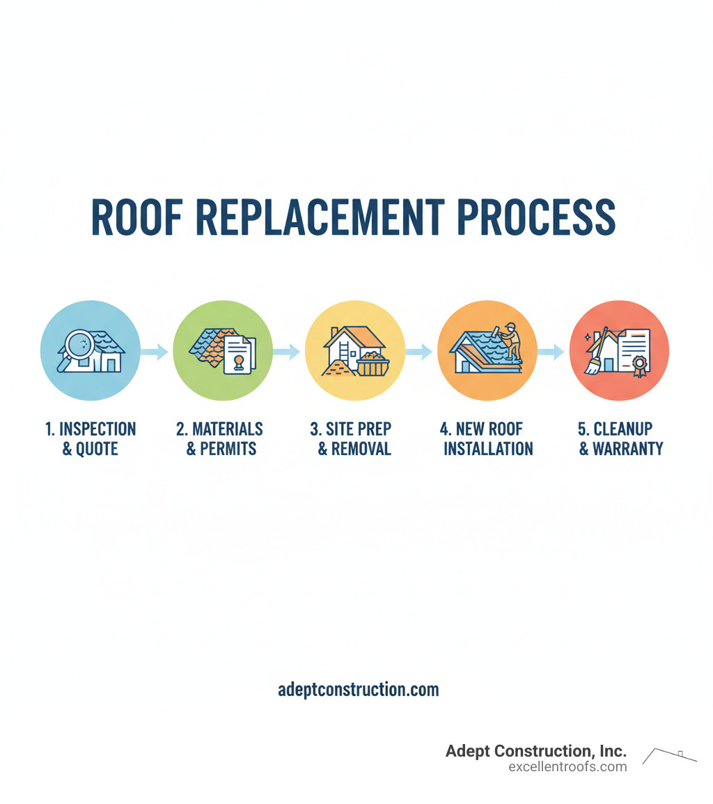 Detailed infographic showing the 5 key stages of roof replacement: 1) Initial inspection and quote, 2) Material selection and permits, 3) Site preparation and old roof removal, 4) New roof installation with underlayment and shingles, 5) Final cleanup and warranty documentation - home roofers infographic 