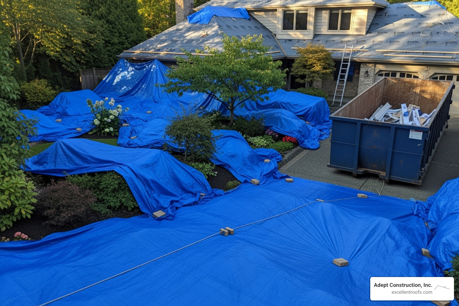 yard prepared for roofing work with tarps covering plants - home roofers