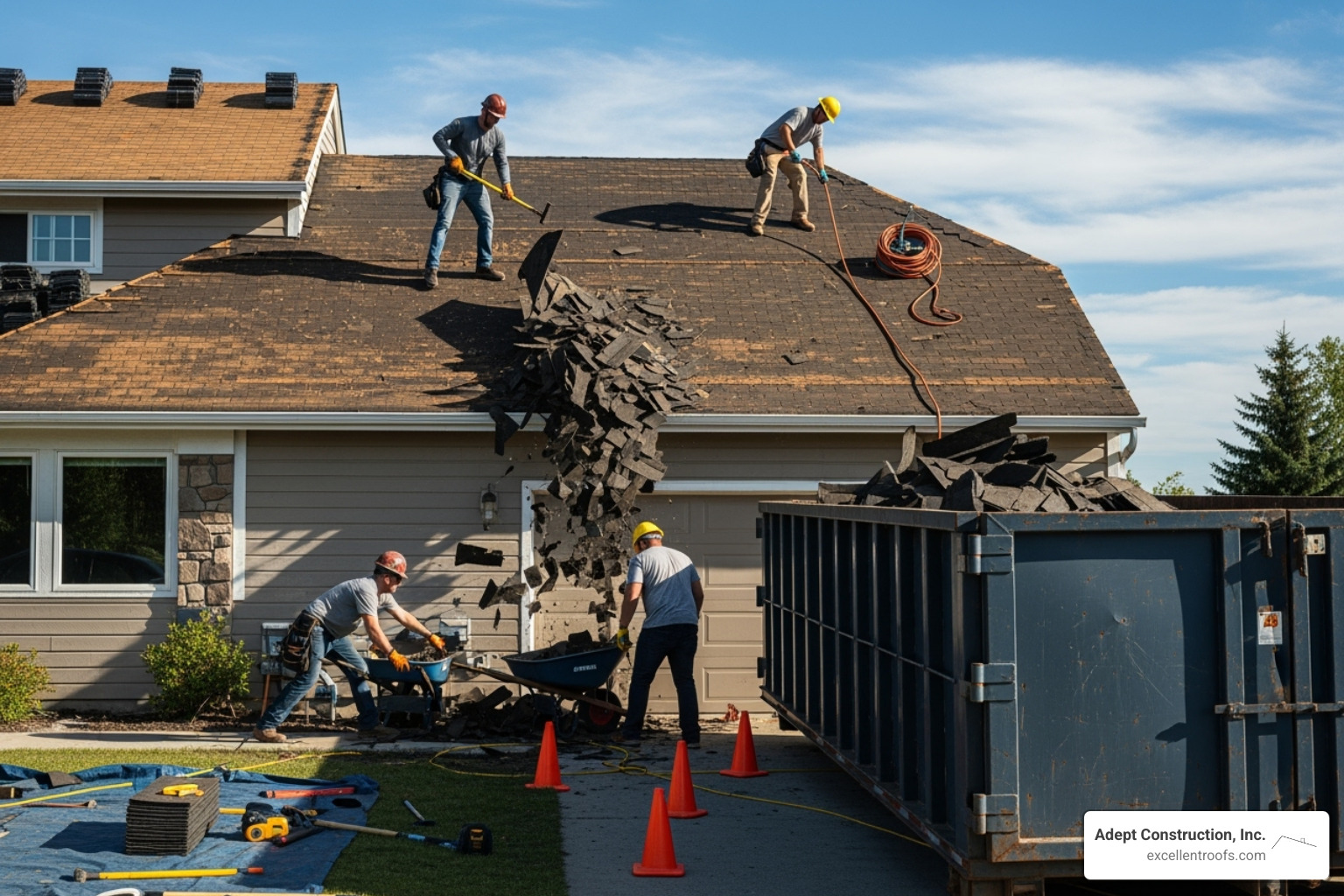 roofing crew tearing off old shingles - home roofers
