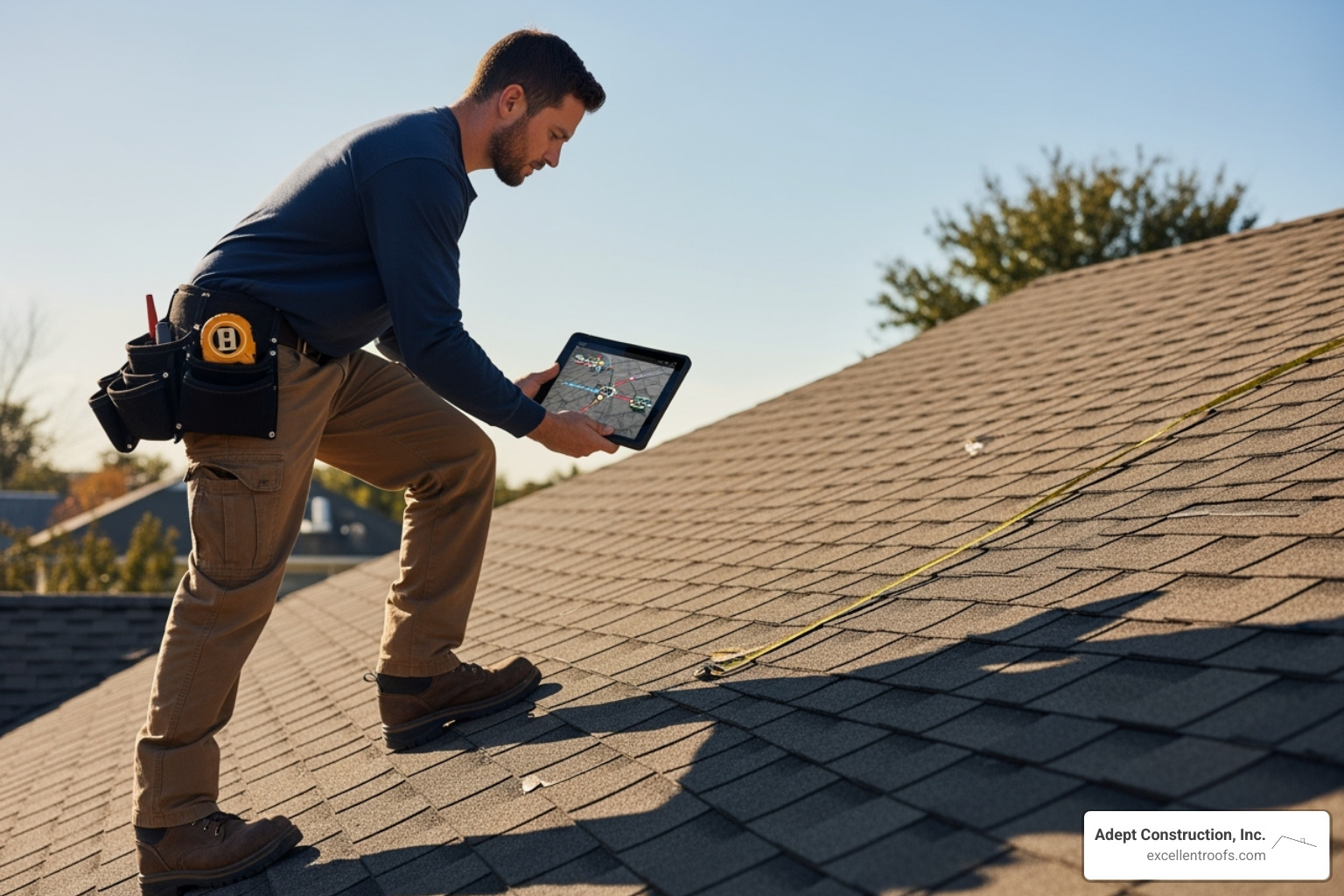 roofer inspecting roof with tablet - home roofers