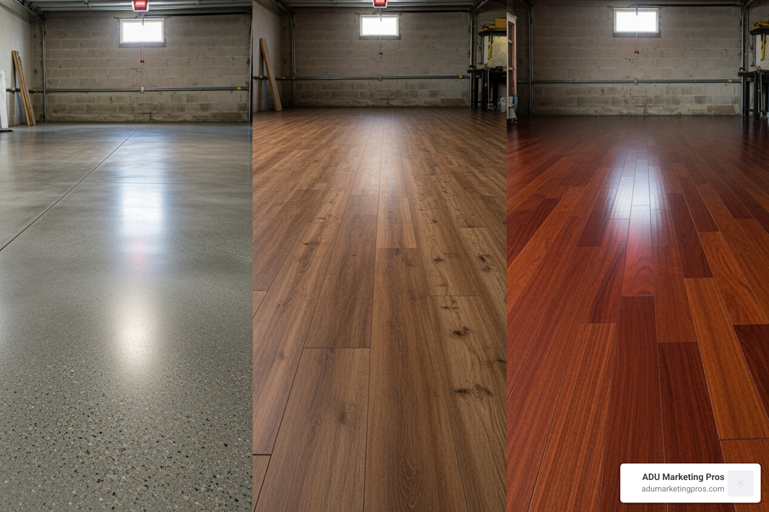 A collage showcasing different flooring options like polished concrete, LVP, and hardwood in a converted garage - average price to convert a garage A collage showcasing different flooring options like polished concrete, LVP, and hardwood in a converted garage - average price to convert a garage