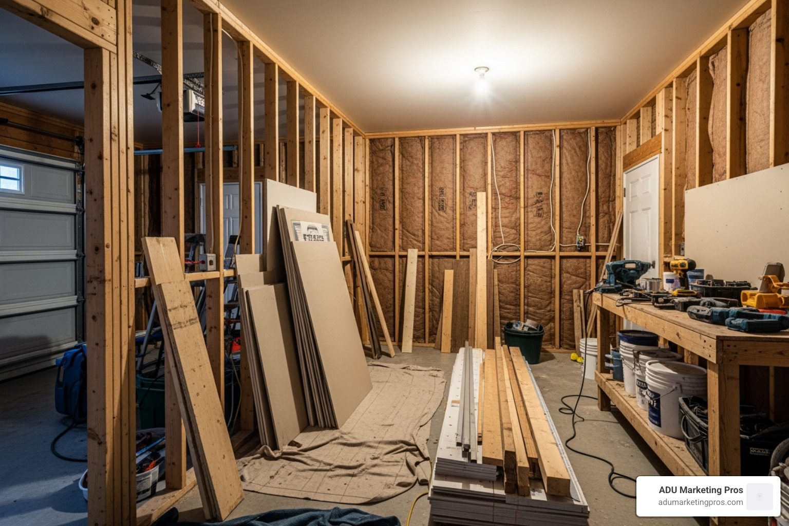 A garage mid-conversion, showing exposed framing, insulation, and wiring - average price to convert a garage A garage mid-conversion, showing exposed framing, insulation, and wiring - average price to convert a garage