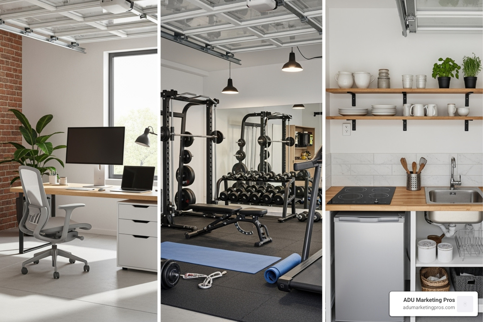 A collage showing different garage conversion ideas: a home office, a gym, and a small kitchen - average price to convert a garage A collage showing different garage conversion ideas: a home office, a gym, and a small kitchen - average price to convert a garage