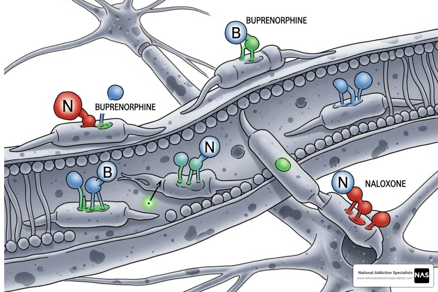 Illustration showing how buprenorphine partially activates opioid receptors while naloxone blocks them - Suboxone doctors Medicaid