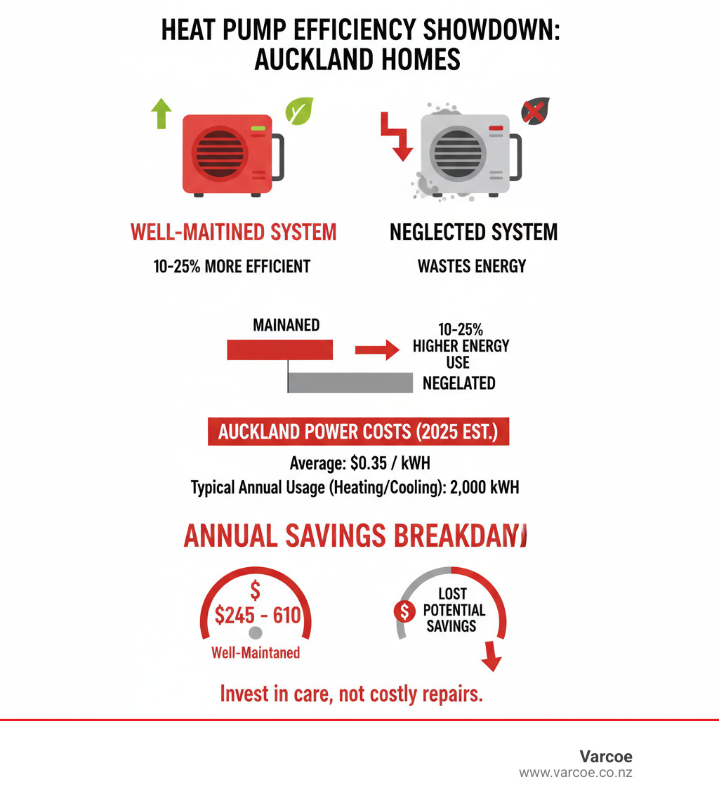 Infographic showing energy consumption comparison between a well-maintained heat pump versus a neglected system, displaying 10-25% efficiency difference with Auckland power cost calculations and annual savings breakdown - heat pump system maintenance infographic Infographic showing energy consumption comparison between a well-maintained heat pump versus a neglected system, displaying 10-25% efficiency difference with Auckland power cost calculations and annual savings breakdown - heat pump system maintenance infographic