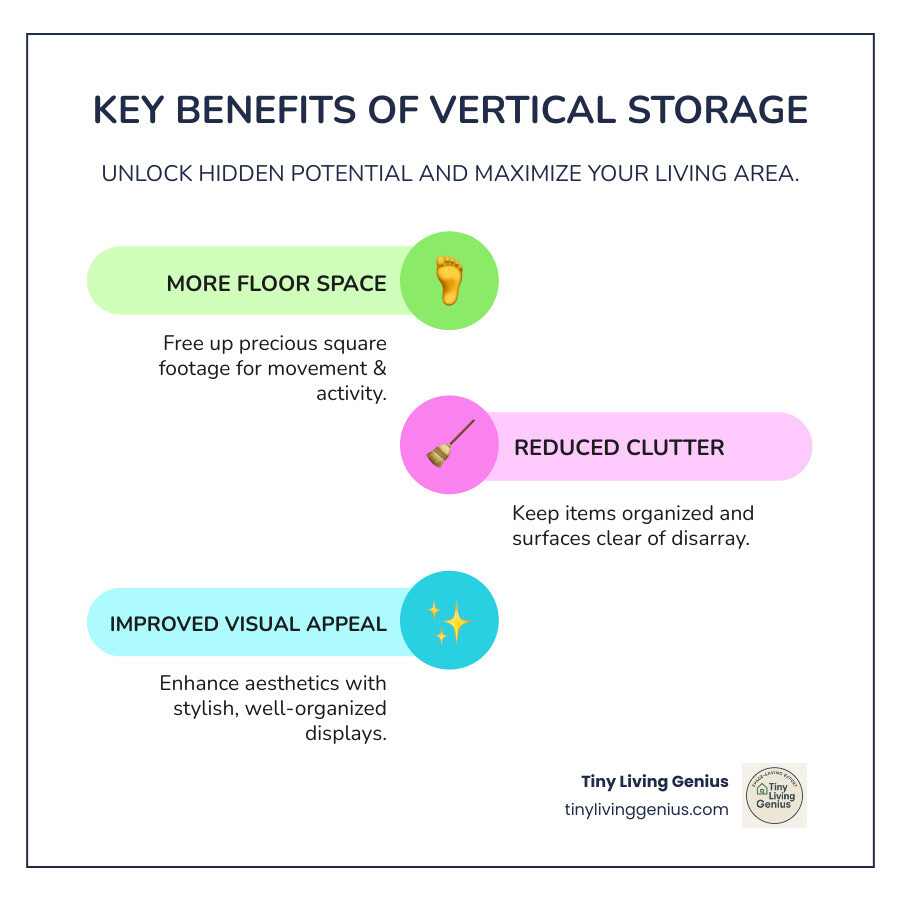 Infographic showing the key benefits of vertical storage: more floor space, reduced clutter, and improved visual appeal - vertical space ideas infographic infographic-line-3-steps-colors