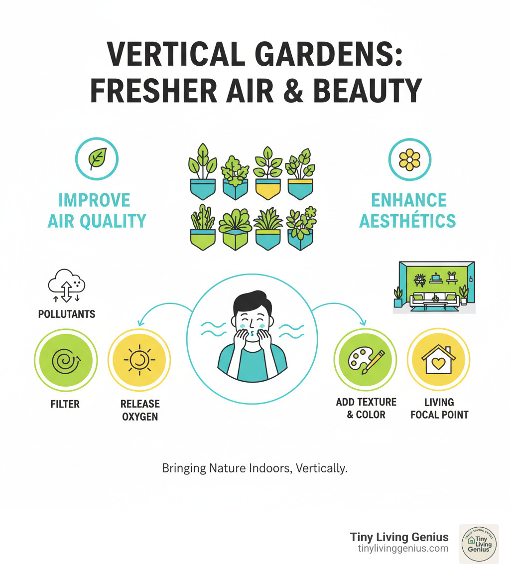 Infographic detailing how vertical gardens improve air quality by filtering pollutants and releasing oxygen, while also enhancing aesthetics - vertical space ideas infographic 