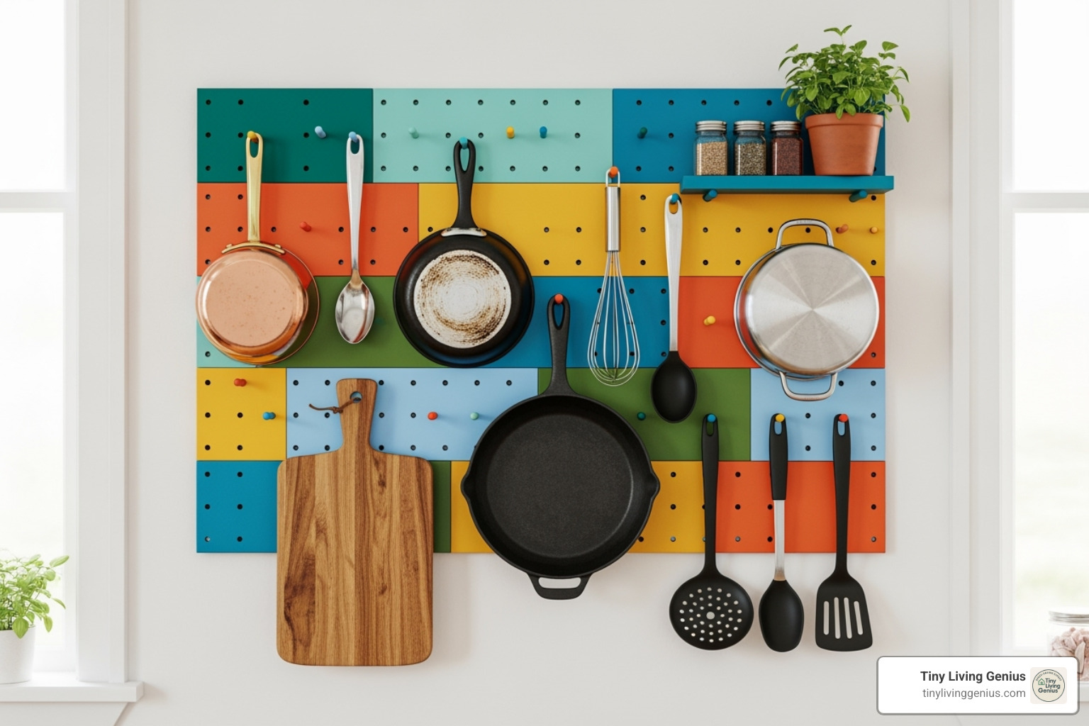 colorful kitchen pegboard organizing pots and utensils - vertical space ideas
