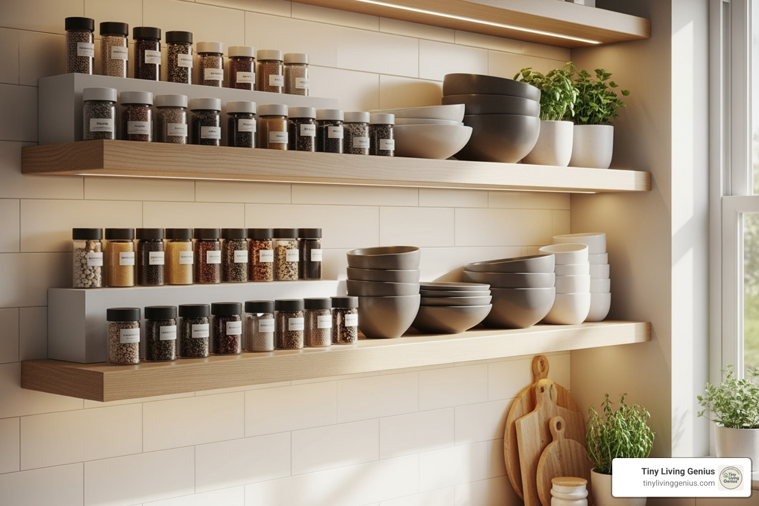beautifully styled floating shelves in a kitchen holding spices and dishes - vertical space ideas