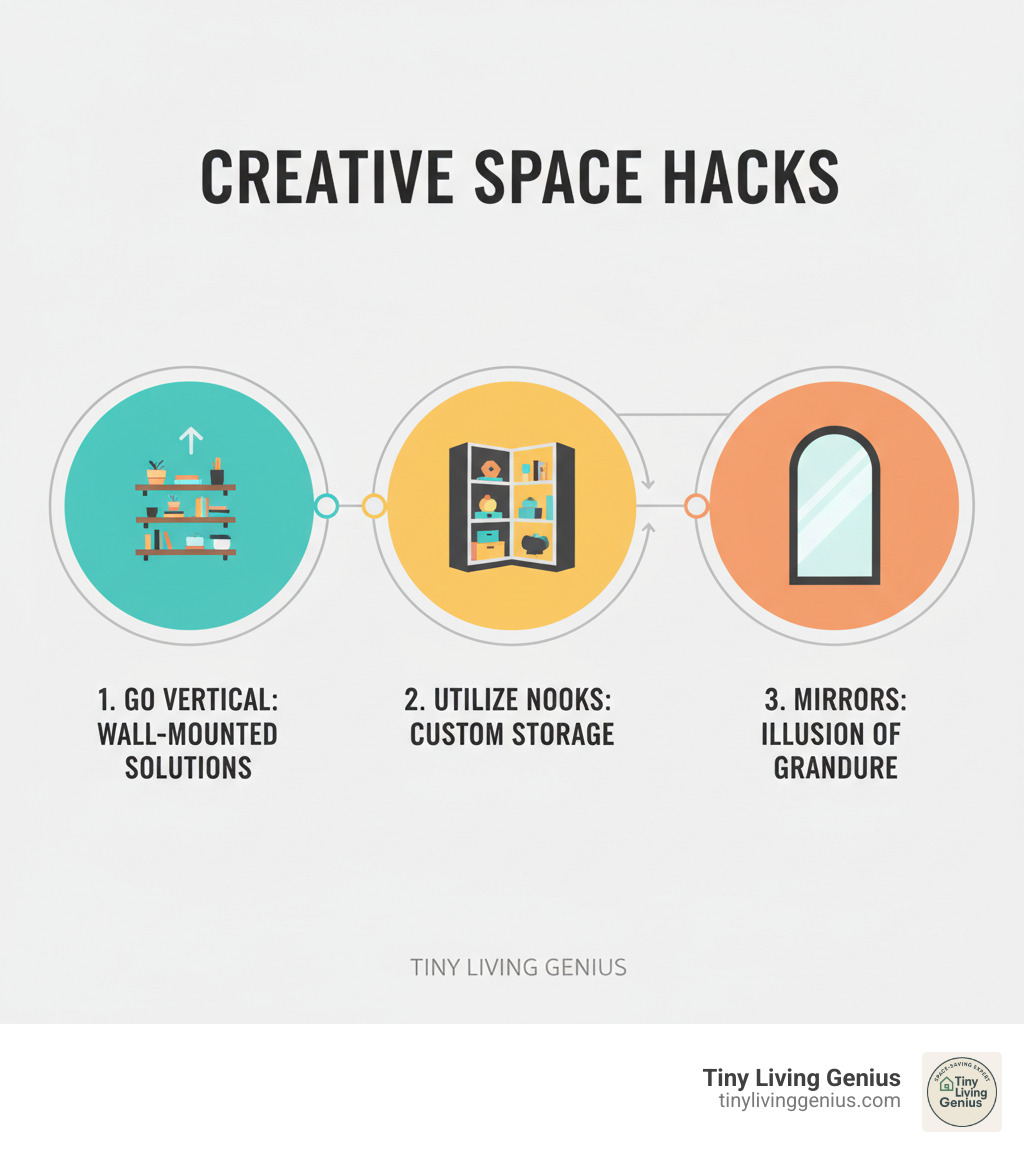 Infographic showing 3 creative storage and space-enhancing hacks: 1) Go vertical with wall-mounted solutions, 2) Use awkward nooks with custom storage, 3) Use mirrors to create illusions of grandeur - modern furniture for small spaces infographic 
